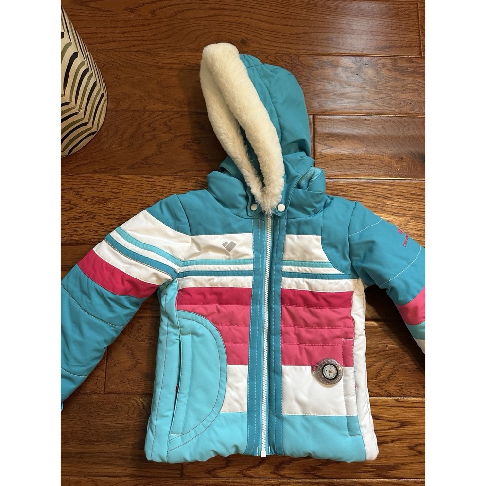 Obermeyer Ski Jacket Toddler Girls Size 3 3T Teal Pink Faux Fur Hood I-Grow